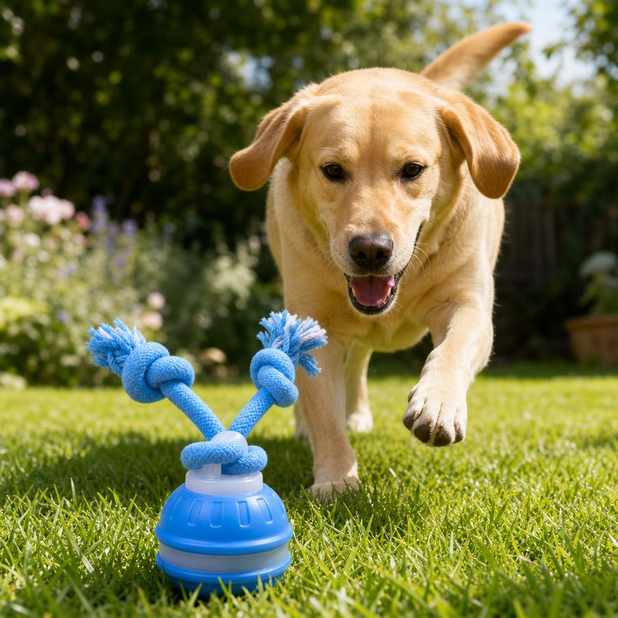 Labrador jugando con el Correlón en el pasto