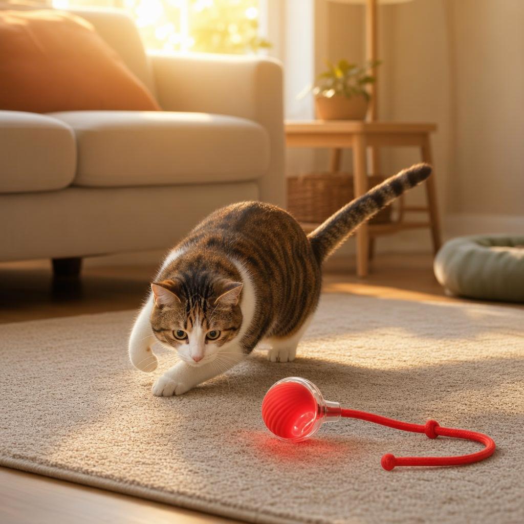 Gato cazando la pelota FetchBall iluminada