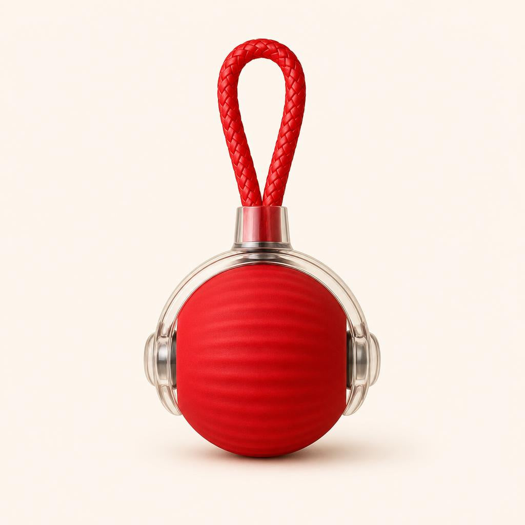 FetchBall vista frontal - pelota interactiva roja con cuerda