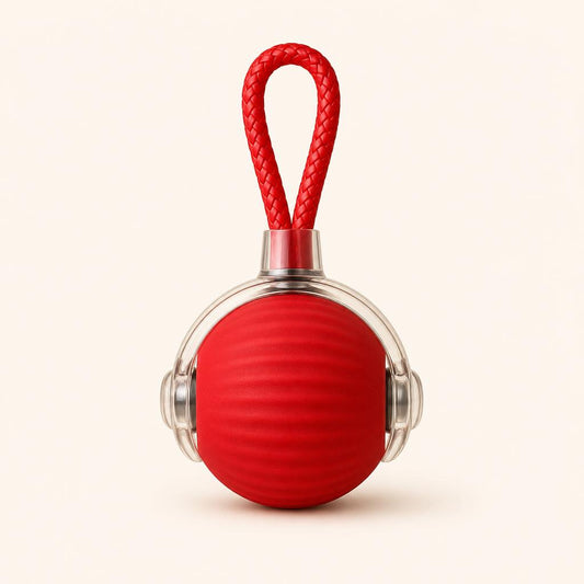 FetchBall vista frontal - pelota interactiva roja con cuerda